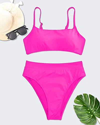 Scoop Neck High Waisted Bikini Set With Bottom For Women-Neon Pink