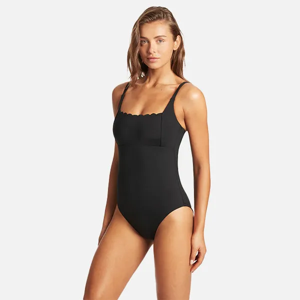 Sea Level Scalloped Square Neck One Piece - Black
