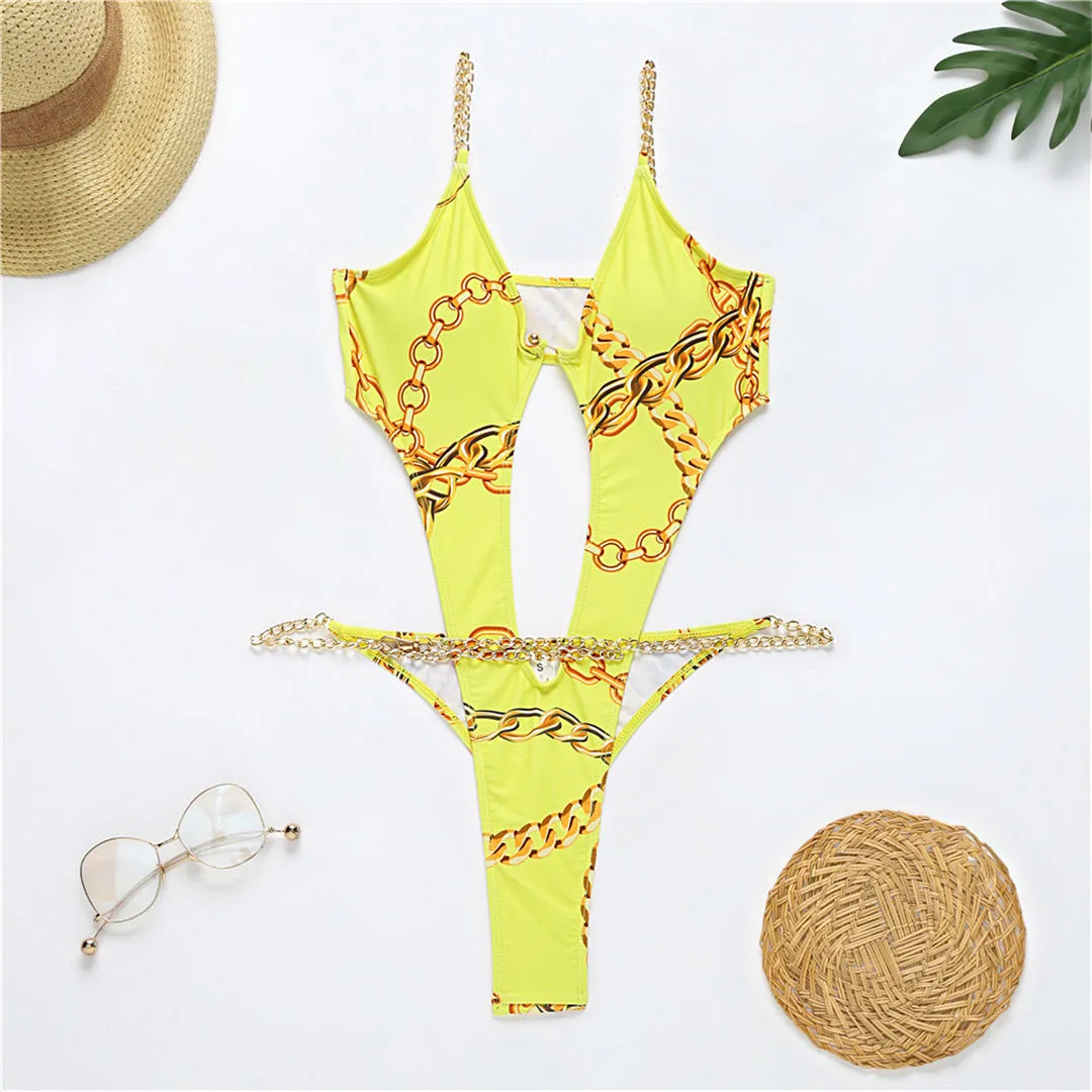 Sexy Printed Tummy Cut Out Women Swimwear One Piece Swimsuit Female Bather Bathing Suit Swim Lady Monokini V2594
