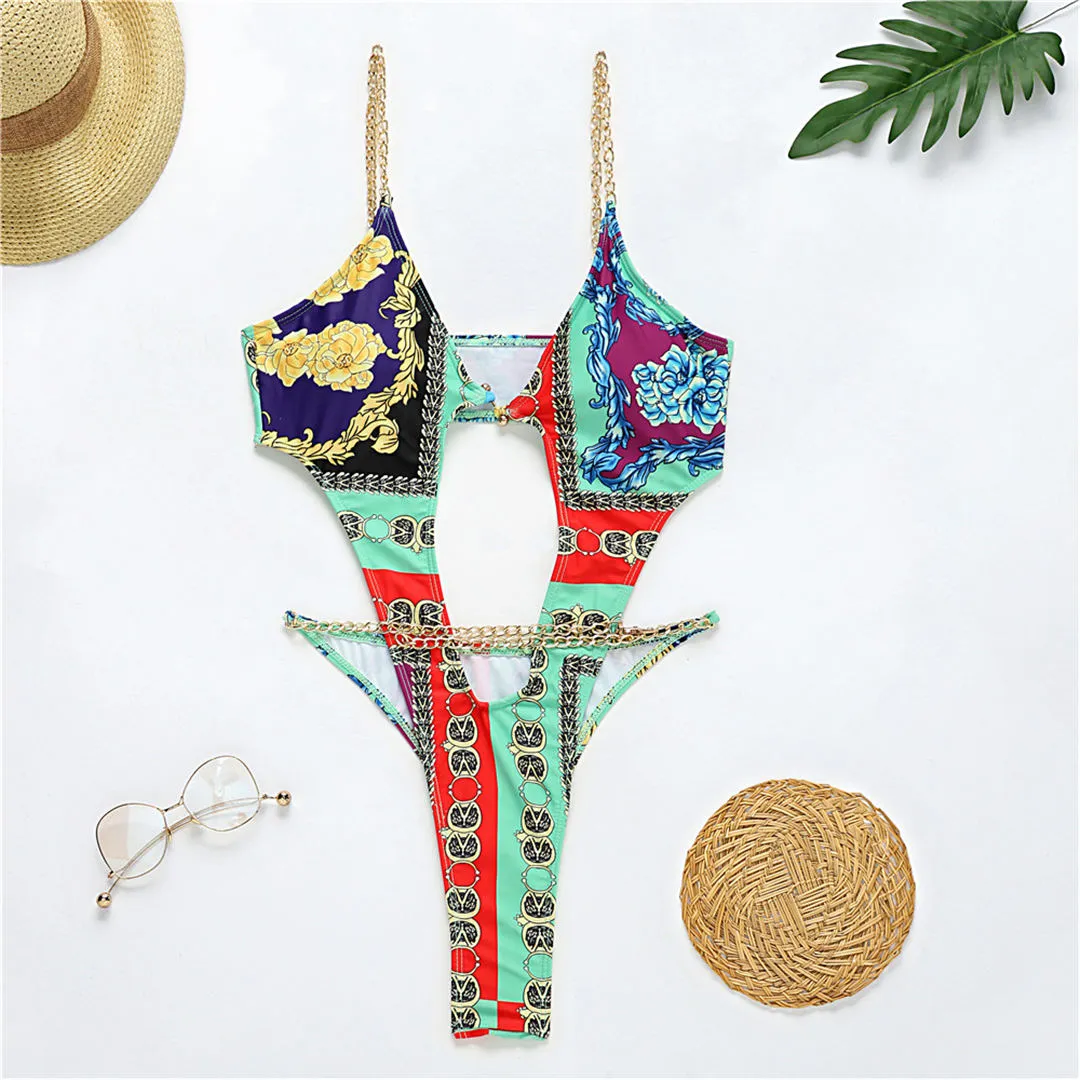 Sexy Printed Tummy Cut Out Women Swimwear One Piece Swimsuit Female Bather Bathing Suit Swim Lady Monokini V2594
