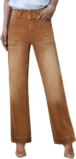 Sidefeel Women's High Waisted Straight Leg Jeans Stretchy Tummy Control Wide Leg Denim Pants with Pockets