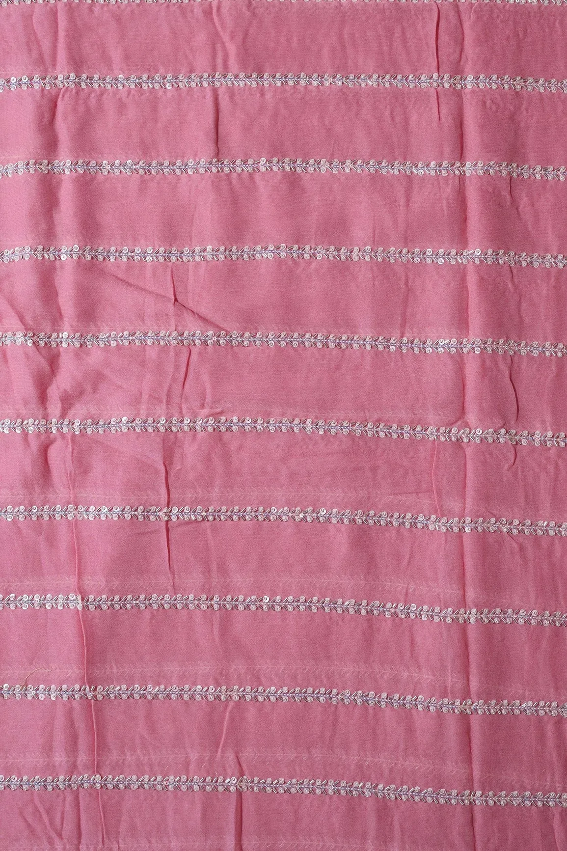Silver Beads With Sequins Beautiful Stripes Handwork Embroidery On Thulian Pink Viscose Georgette Fabric