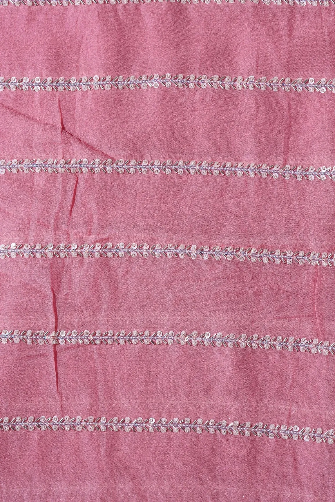 Silver Beads With Sequins Beautiful Stripes Handwork Embroidery On Thulian Pink Viscose Georgette Fabric