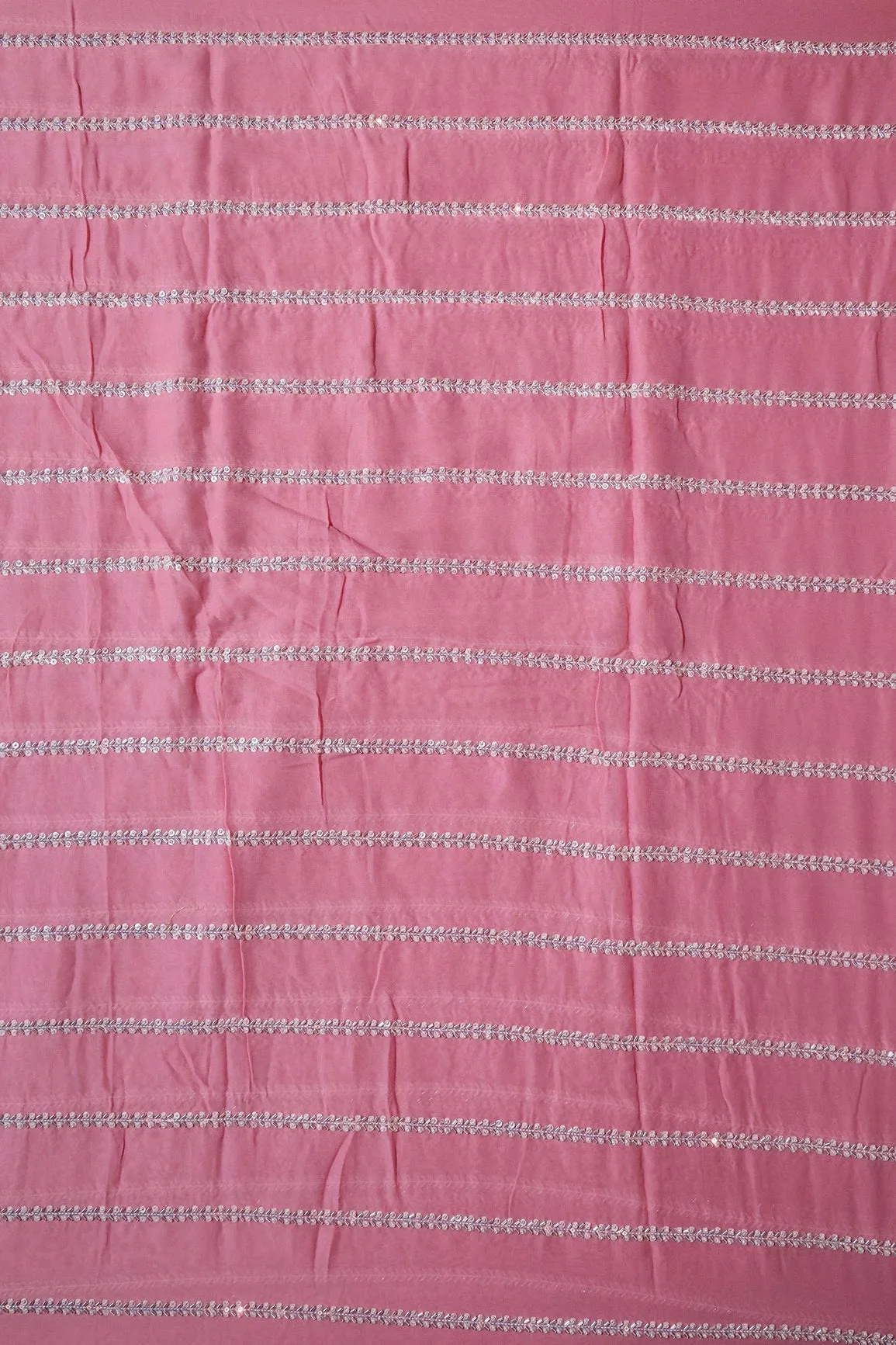 Silver Beads With Sequins Beautiful Stripes Handwork Embroidery On Thulian Pink Viscose Georgette Fabric