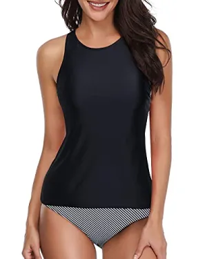 Slimming Black Deep Scoop Back Tankini With Striped Shorts-Black Stripe