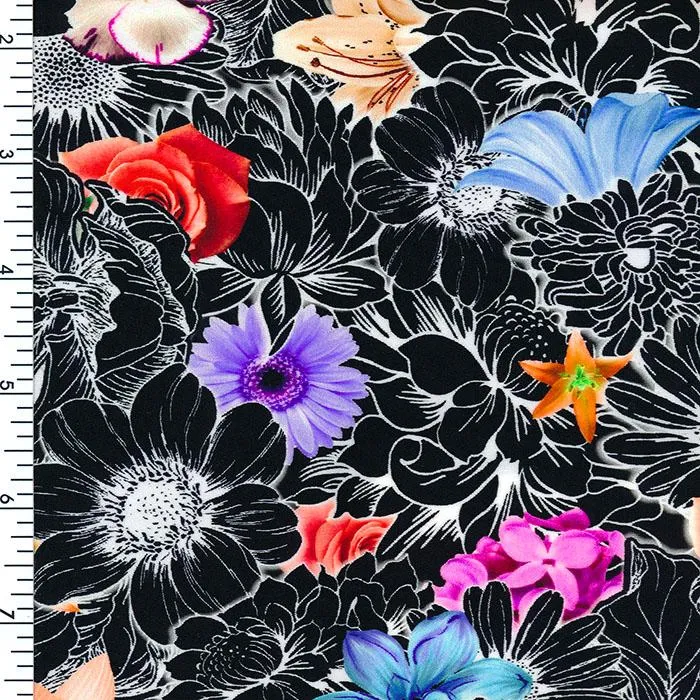 SP-NP2678 Midnight Floral - Black White Red Yellow Pink | Nylon Spandex Digitally Wet Print