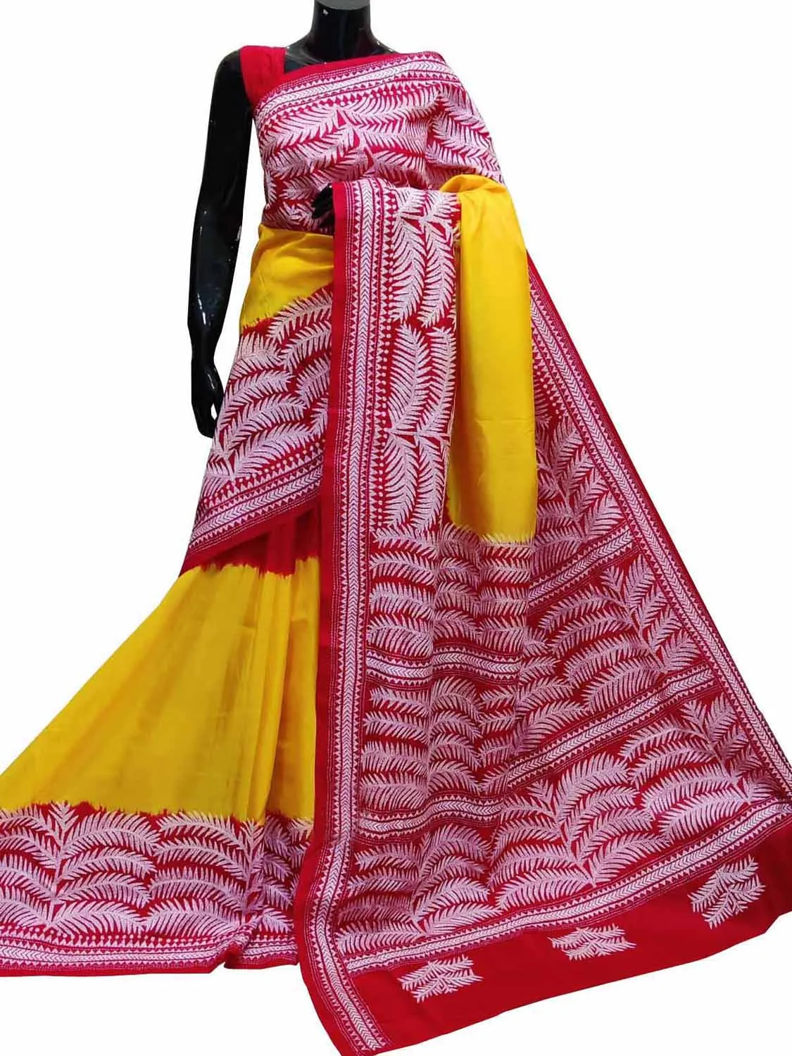 Stunning Yellow Kantha Embroidered Bangalore Silk Saree - Hand Painted Beauty