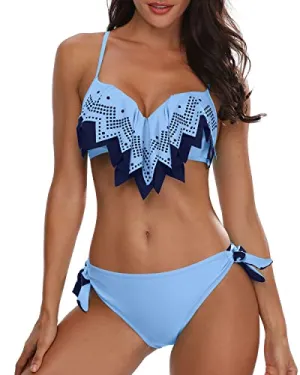 Sweetheart Neck Double Ruffle Bikini Top With Laser Cut Out Pattern-Blue