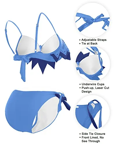 Teen Girls Two Piece Bikini Swimsuits Push Up Bikini Sets-Blue
