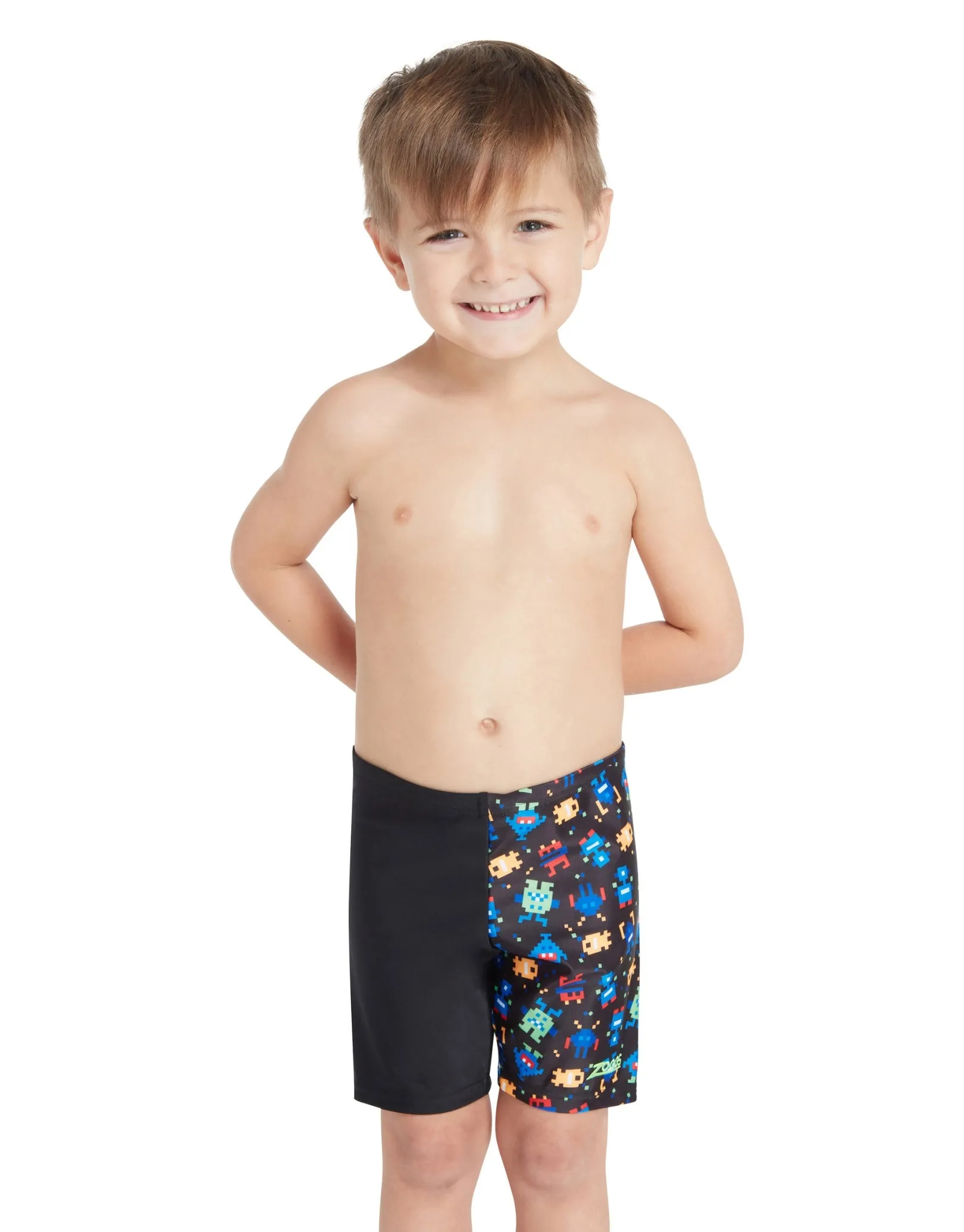 Tots Boys Pixel Monsters Mid Swim Jammer - Black/Multi