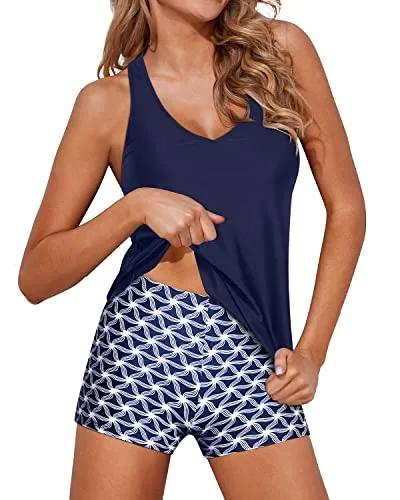 Tummy Control Tankini Bathing Suits Top With Shorts For Women-Navy Blue Tribal