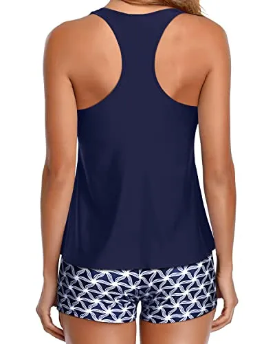 Tummy Control Tankini Bathing Suits Top With Shorts For Women-Navy Blue Tribal
