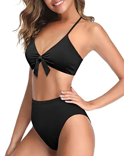 Two Piece High Waisted Bikini With High Rise Bottom For Women-Black