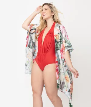 White Floral & Palm Print Swim Coverup