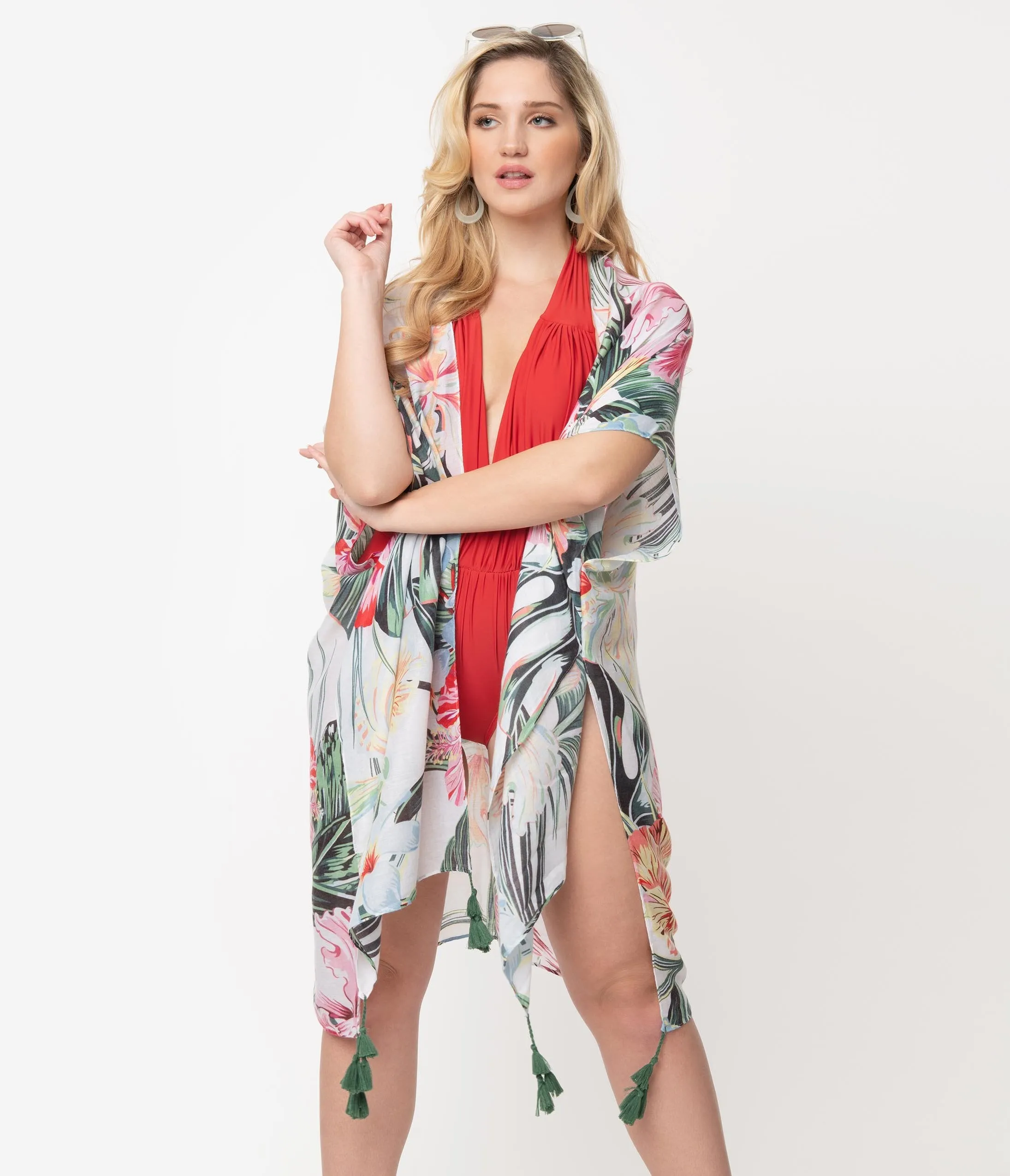 White Floral & Palm Print Swim Coverup