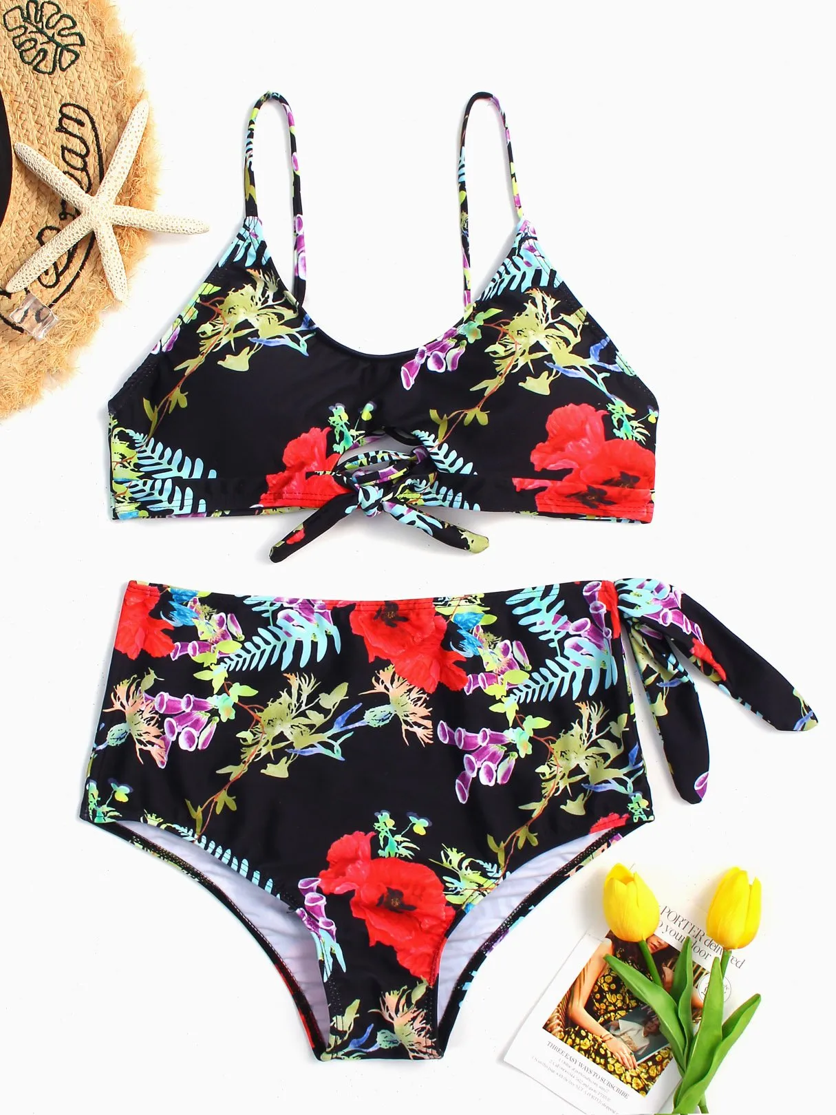 Wholesale Black Halter Sleeveless Floral Print Two Pieces Bikini