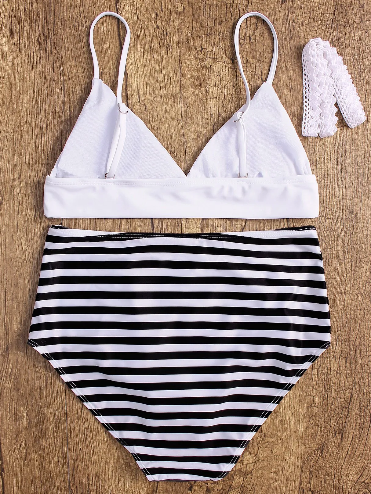 Wholesale Black V-Neck Sleeveless Stripe Plain Lace-Up High-Waisted Bikinis