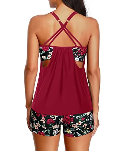Women Crisscross Back Tankini Boy Shorts Tummy Control Bathing Suits-Red Floral