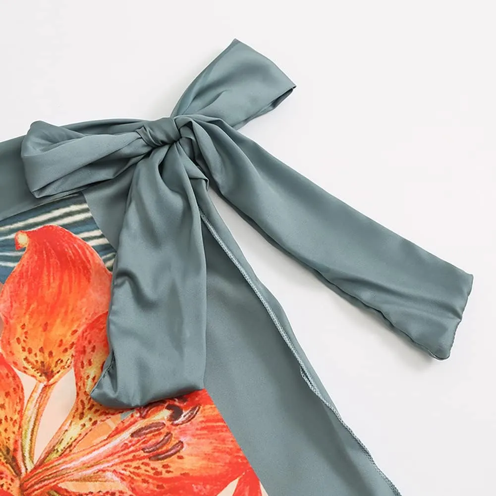 Women One Piece Bathing suit with Cover up set Retro Floral Swimsuit Long Sarong Beach Skirt Swimwear set