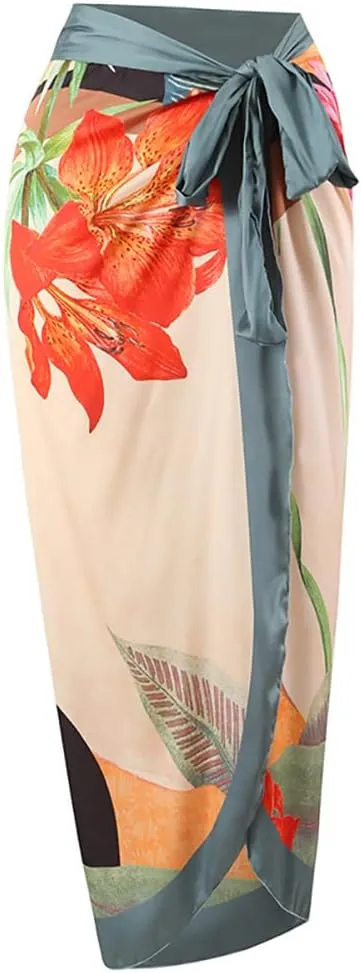 Women One Piece Bathing suit with Cover up set Retro Floral Swimsuit Long Sarong Beach Skirt Swimwear set