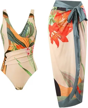 Women One Piece Bathing suit with Cover up set Retro Floral Swimsuit Long Sarong Beach Skirt Swimwear set