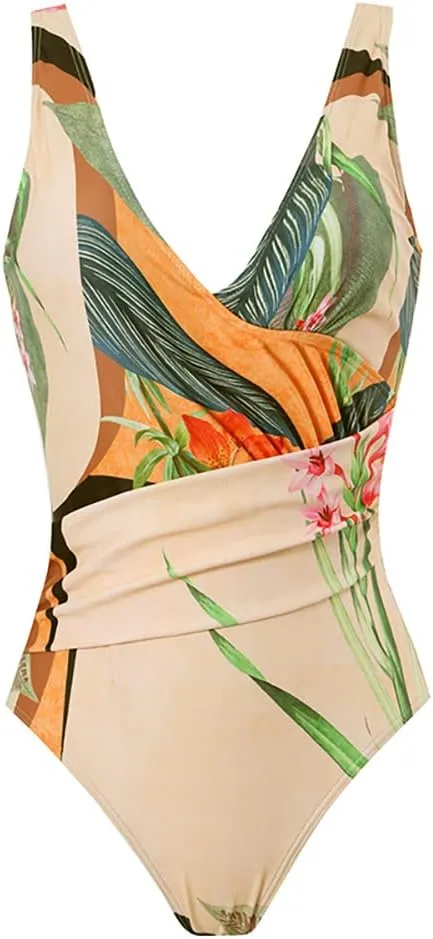 Women One Piece Bathing suit with Cover up set Retro Floral Swimsuit Long Sarong Beach Skirt Swimwear set