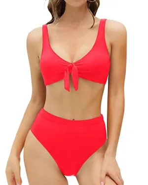 Women's Two Piece High Waisted Bikini Set Knot Front For Teens-Neon Red